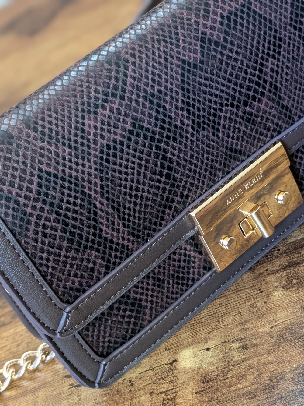 NWT Anne Klein Dark Brown Snake-Embossed Crossbody Bag with Gold Hardware